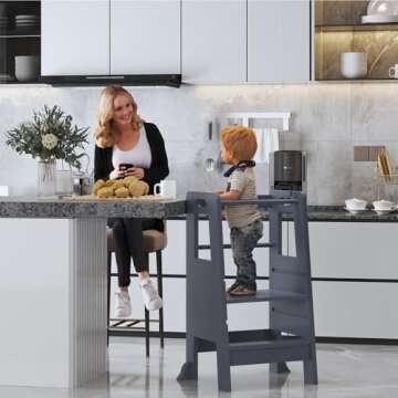 Kid's Wooden Kitchen Step Stool, Adjustable Platform Standing Tower, with Safety Guardrail Child Studying Tower, Toddler Stool for Bathroom, Cooking Helper（Grey）