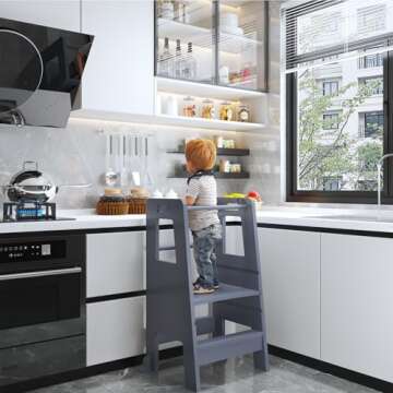 Kid's Wooden Kitchen Step Stool, Adjustable Platform Standing Tower, with Safety Guardrail Child Studying Tower, Toddler Stool for Bathroom, Cooking Helper（Grey）