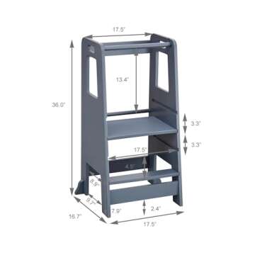 Kid's Wooden Kitchen Step Stool, Adjustable Platform Standing Tower, with Safety Guardrail Child Studying Tower, Toddler Stool for Bathroom, Cooking Helper（Grey）