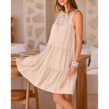 BTFBM Women's Summer Hollow Out Halter Dresses Casual Sleeveless A-Line Tiered Swing Sundress Beach Vacation Mini Dress(Solid Apricot, XX-Large)