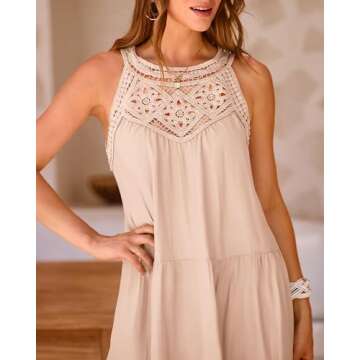 BTFBM Women's Summer Hollow Out Halter Dresses Casual Sleeveless A-Line Tiered Swing Sundress Beach Vacation Mini Dress(Solid Apricot, XX-Large)