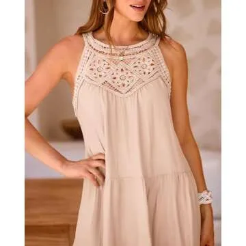 BTFBM Women's Summer Hollow Out Halter Dresses Casual Sleeveless A-Line Tiered Swing Sundress Beach Vacation Mini Dress(Solid Apricot, XX-Large)