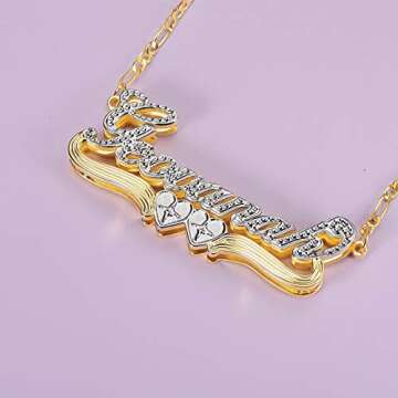 BlingSparkle Double Plate Personalized Name Necklace with Heart Two Tone Custom Name Necklace 18K Gold-Plate Crown Nameplate Customized Jewelry Gift for Women