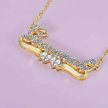 BlingSparkle Double Plate Personalized Name Necklace with Heart Two Tone Custom Name Necklace 18K Gold-Plate Crown Nameplate Customized Jewelry Gift for Women