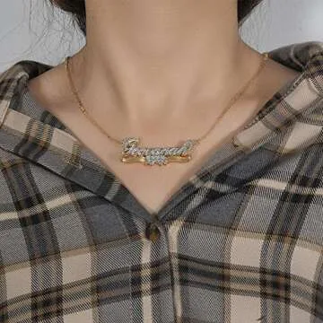 BlingSparkle Double Plate Personalized Name Necklace with Heart Two Tone Custom Name Necklace 18K Gold-Plate Crown Nameplate Customized Jewelry Gift for Women