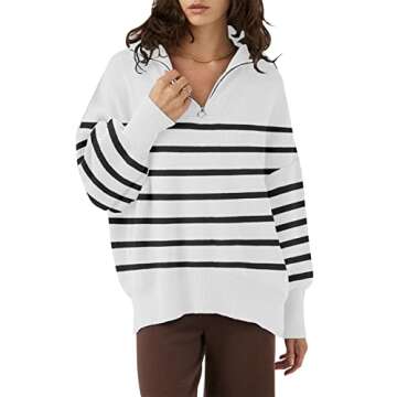 ETCYY Striped 1/4 Zipper Collar Neck Sweaters for Women 2023 Trendy Fall Lantern Sleeve Side Slit Knit Pullover Jumper Tops