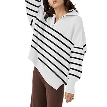 ETCYY Striped 1/4 Zipper Collar Neck Sweaters for Women 2023 Trendy Fall Lantern Sleeve Side Slit Knit Pullover Jumper Tops