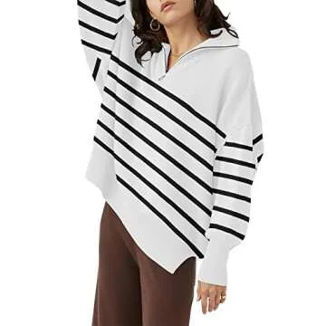 ETCYY Striped 1/4 Zipper Collar Neck Sweaters for Women 2023 Trendy Fall Lantern Sleeve Side Slit Knit Pullover Jumper Tops