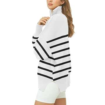 ETCYY Striped 1/4 Zipper Collar Neck Sweaters for Women 2023 Trendy Fall Lantern Sleeve Side Slit Knit Pullover Jumper Tops
