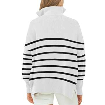 ETCYY Striped 1/4 Zipper Collar Neck Sweaters for Women 2023 Trendy Fall Lantern Sleeve Side Slit Knit Pullover Jumper Tops