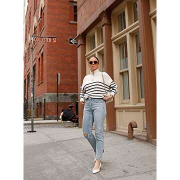 ETCYY Striped 1/4 Zipper Collar Neck Sweaters for Women 2023 Trendy Fall Lantern Sleeve Side Slit Knit Pullover Jumper Tops