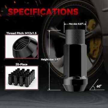 EZISOE 20PCS M12x1.5 Open End Bulge Acorn Black Lug Nuts - 60 Conical Seat - 50mm Height, Lug Nuts for Aftermarket Wheels with 1 Spline Key