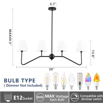 9MMML 39" 4 Arms Kitchen Island Lighting,4 Lights Dining Room Chandelier,Black Body + Fabric Shade Fixture for Hallway Entryway Foyer Living Room,E12 Bulb