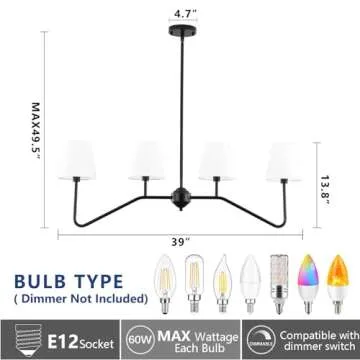 9MMML 39" 4 Arms Kitchen Island Lighting,4 Lights Dining Room Chandelier,Black Body + Fabric Shade Fixture for Hallway Entryway Foyer Living Room,E12 Bulb