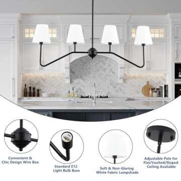 9MMML 39" 4 Arms Kitchen Island Lighting,4 Lights Dining Room Chandelier,Black Body + Fabric Shade Fixture for Hallway Entryway Foyer Living Room,E12 Bulb