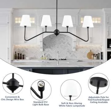 9MMML 39" 4 Arms Kitchen Island Lighting,4 Lights Dining Room Chandelier,Black Body + Fabric Shade Fixture for Hallway Entryway Foyer Living Room,E12 Bulb