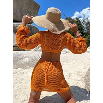 MakeMeChic Women's Crochet Cover Up Long Sleeve Knitted Swim Beach Cover Up Dress Swimwear Coral Orange S