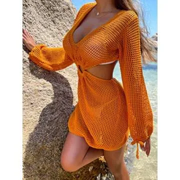 MakeMeChic Women's Crochet Cover Up Long Sleeve Knitted Swim Beach Cover Up Dress Swimwear Coral Orange S