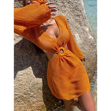 MakeMeChic Women's Crochet Cover Up Long Sleeve Knitted Swim Beach Cover Up Dress Swimwear Coral Orange S