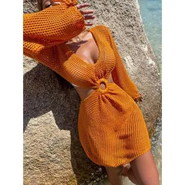 MakeMeChic Women's Crochet Cover Up Long Sleeve Knitted Swim Beach Cover Up Dress Swimwear Coral Orange S