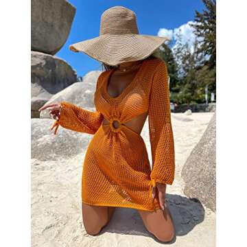 MakeMeChic Women's Crochet Cover Up Long Sleeve Knitted Swim Beach Cover Up Dress Swimwear Coral Orange S
