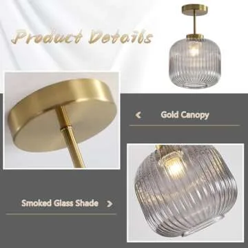KCO Lighting Smoked Glass Ceiling Light Small Globe Semi Flush Mount Ceiling Light Modern Gold Flush Mount Ceiling Light Brass Hallway Ceiling Light Entryway Schoolhouse Ceiling Light