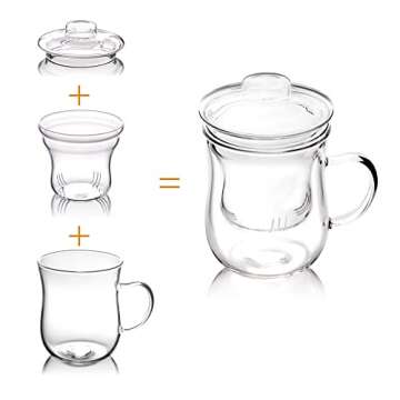 Borosilicate Glass Tea Set, 3-Piece Heat Resistant Teapot with Deflector and Lid, Ergonomic Handle - Ideal for Brewing Loose Leaf and Flower Teas, Glass Teacups, 10 oz (300 ml)