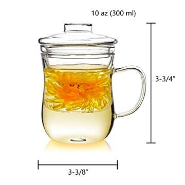 Borosilicate Glass Tea Set, 3-Piece Heat Resistant Teapot with Deflector and Lid, Ergonomic Handle - Ideal for Brewing Loose Leaf and Flower Teas, Glass Teacups, 10 oz (300 ml)