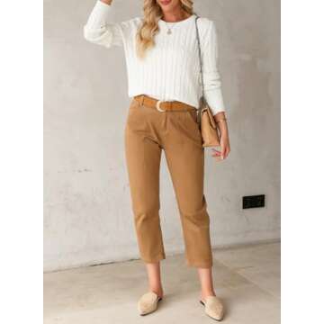 EVALESS Womens White Cable Pullover Sweater Old Money Clothes Knitted Cashmere Crewneck Business Casual Tops Large