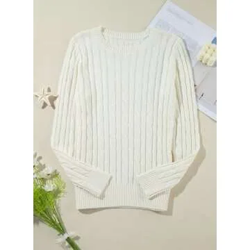 EVALESS Womens White Cable Pullover Sweater Old Money Clothes Knitted Cashmere Crewneck Business Casual Tops Large