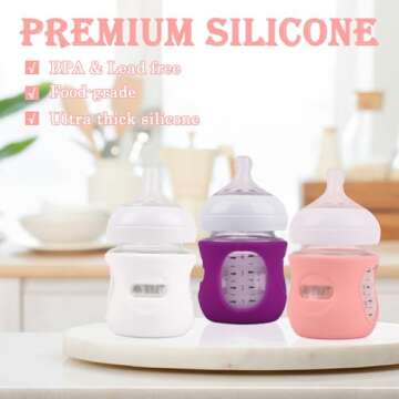 3 Pack Silicone Sleeves for Avent Natural Glass Baby Bottles, Anti Breakage Baby Bottle Holder, Compatible Philips Avent Glass Natural Baby Bottle 4 oz, BPA Free (White+Pink+Purple)