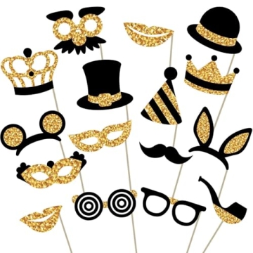 Premium Birthday Photo Booth Props Kit, 16 Black & Gold (No Glitter), Durable & Easy-to-Use Photoboo...