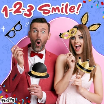 Premium Birthday Photo Booth Props Kit, 16 Black & Gold (No Glitter), Durable & Easy-to-Use Photobooth Props Signs for Memorable Photos & Unforgettable Celebrations by PixiPy