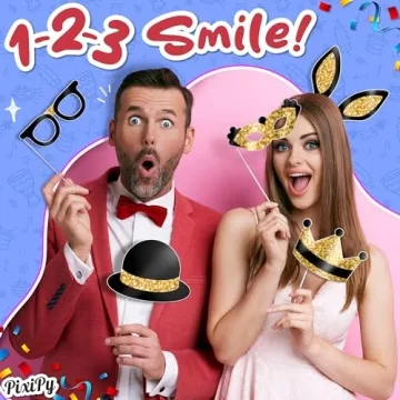 Premium Birthday Photo Booth Props Kit, 16 Black & Gold (No Glitter), Durable & Easy-to-Use Photobooth Props Signs for Memorable Photos & Unforgettable Celebrations by PixiPy