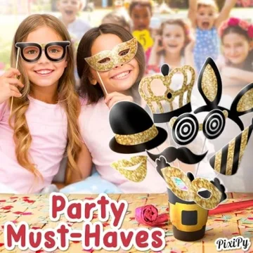 Premium Birthday Photo Booth Props Kit, 16 Black & Gold (No Glitter), Durable & Easy-to-Use Photobooth Props Signs for Memorable Photos & Unforgettable Celebrations by PixiPy