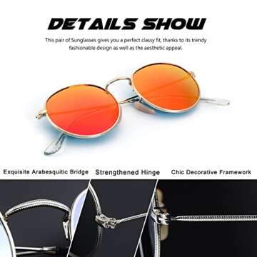 CGID E47 Round Polarized Sunglasses for Women Men Retro Vintage Style Inspired Sun Glasses Circular Circle Shades Gold Metal Rimmed Orange Red Mirror Lens, 51mm, Gift Package