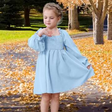 NARPLO Toddler Girls Dresses Flounce Long Sleeve Square Neck Baby Shirred Ruffle Hem Toddler Dresses for Girls