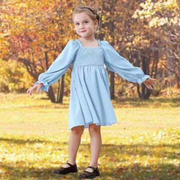 NARPLO Toddler Girls Dresses Flounce Long Sleeve Square Neck Baby Shirred Ruffle Hem Toddler Dresses for Girls