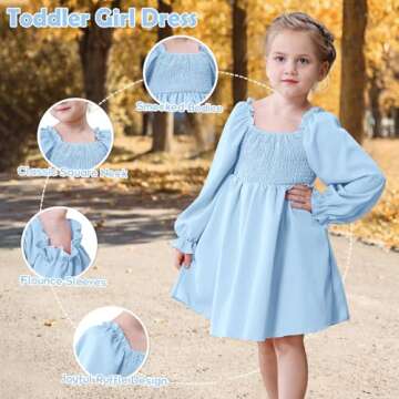 NARPLO Toddler Girls Dresses Flounce Long Sleeve Square Neck Baby Shirred Ruffle Hem Toddler Dresses for Girls