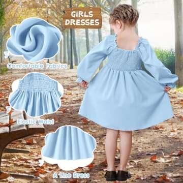 NARPLO Toddler Girls Dresses Flounce Long Sleeve Square Neck Baby Shirred Ruffle Hem Toddler Dresses for Girls