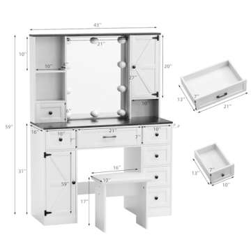 VOWNER Vanity with Lighted Mirror - Farmhouse Makeup Vanity Desk with 7 Drawers, 2 Cabinets and Outl...