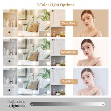 VOWNER Vanity with Lighted Mirror - Farmhouse Makeup Vanity Desk with 7 Drawers, 2 Cabinets and Outlet, 3 Color Lighting Modes Adjustable Brightness, Vanity Table with Stool for Bedroom, White & Black