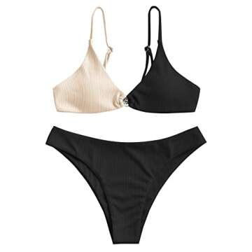 ZAFUL Women's Ribbed O-Ring String Bikini Swimsuit Cheeky Thong Swimwear Two Pieces Bathing Suit