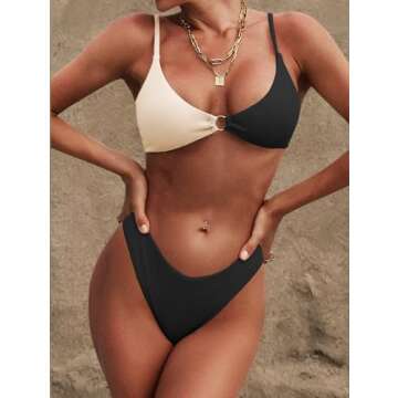 ZAFUL Women's Ribbed O-Ring String Bikini Swimsuit Cheeky Thong Swimwear Two Pieces Bathing Suit