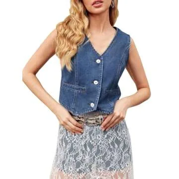 Imily Bela Womens Denim Vest Sleeveless V Neck Button Down Jean Waistcoat Jacket Y2K Summer Crop Tops