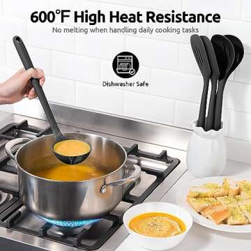 Silicone Kitchen Cooking Utensil Set: U-Taste High Heat Resistant 13.6in Long Kitchen Gadgets, BPA Free Non Stick Rubber Cook Accessories For Stir Frying, Serving, Basting, Mixing (5 Pieces, Black)