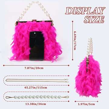 GOKTOW Hot Pink Feather Clutches Purses for Women Bag，Pearl Fluffy Evening Handbags for Wedding Anniversary Party,Hot Pink
