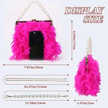 GOKTOW Hot Pink Feather Clutches Purses for Women Bag，Pearl Fluffy Evening Handbags for Wedding An...