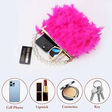 GOKTOW Hot Pink Feather Clutches Purses for Women Bag，Pearl Fluffy Evening Handbags for Wedding Anniversary Party,Hot Pink
