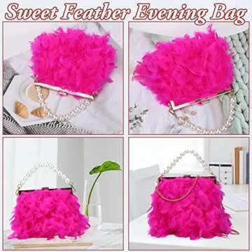 GOKTOW Hot Pink Feather Clutches Purses for Women Bag，Pearl Fluffy Evening Handbags for Wedding Anniversary Party,Hot Pink